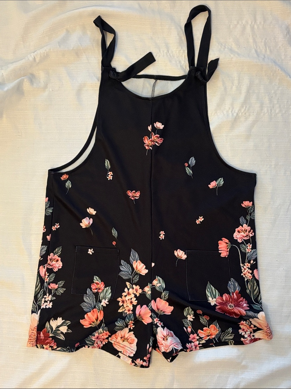 Black Floral Romper with Tie Straps